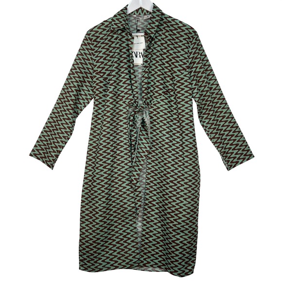 Zara Dresses & Skirts - Zara Green Lizzie Shirt Dress Womens XS Long Sleeve Tie‎ Front Midi Mod Retro